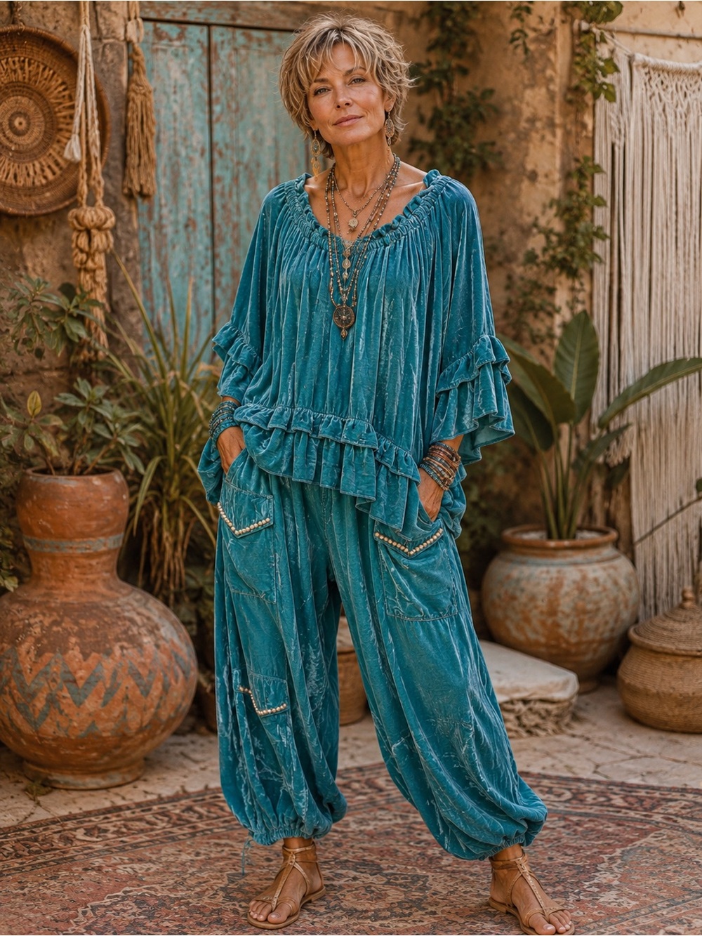 Last one! H247 NWT A Rare Bird Set OS Teal Velvet Ruffle Top ptp26 Pants w13-20
